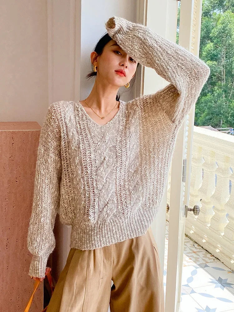 French Style Loose Khaki Pullover Sweater