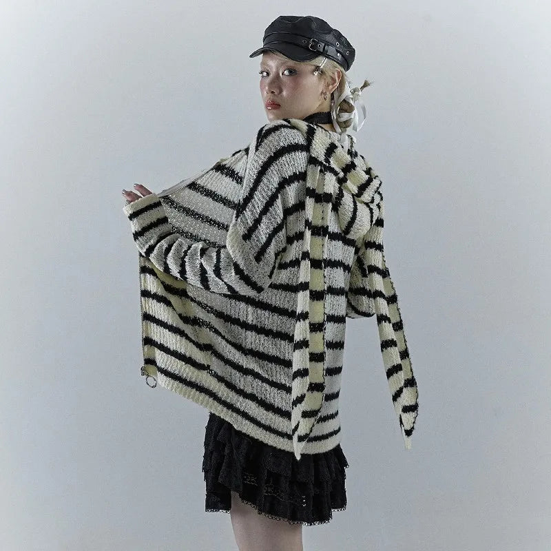 Grunge Vintage Rabbit Ears Striped Cardigan