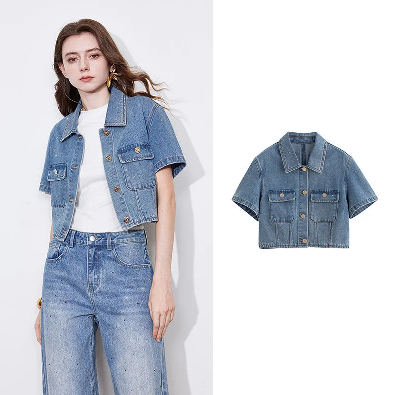 Rhinestone Short Sleeve Denim Jacket