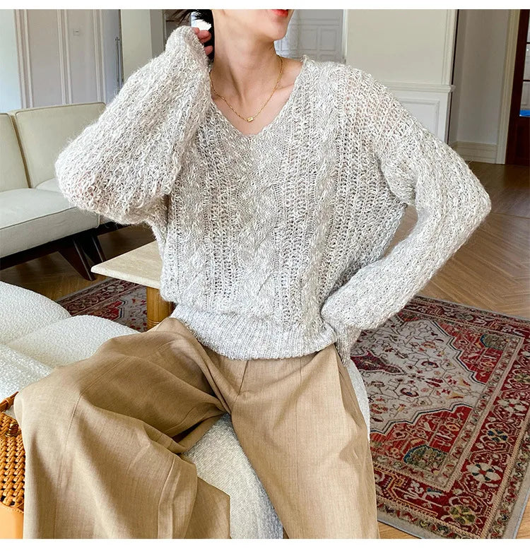 French Style Loose Khaki Pullover Sweater