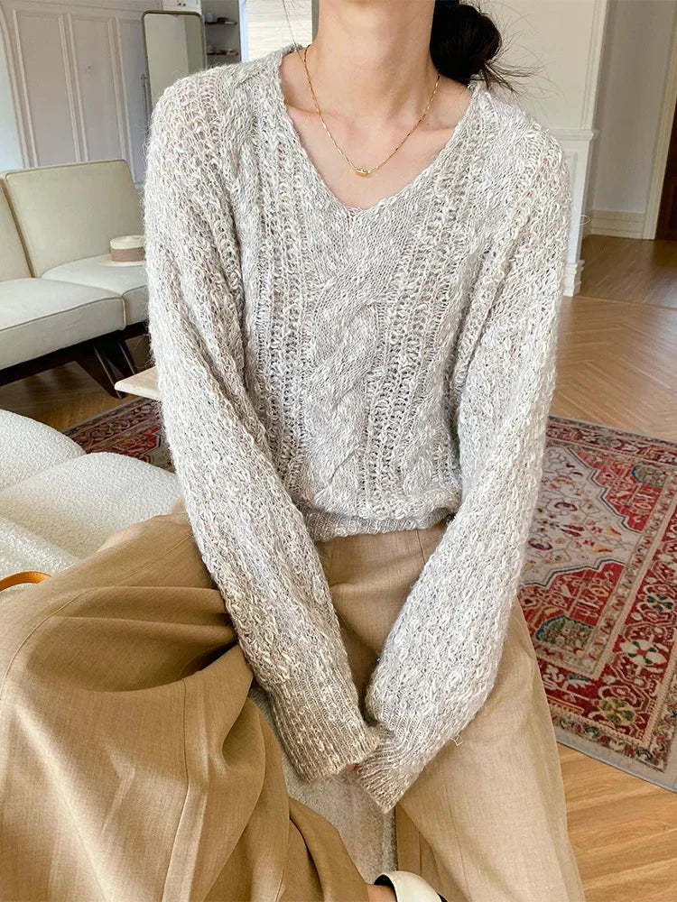 French Style Loose Khaki Pullover Sweater