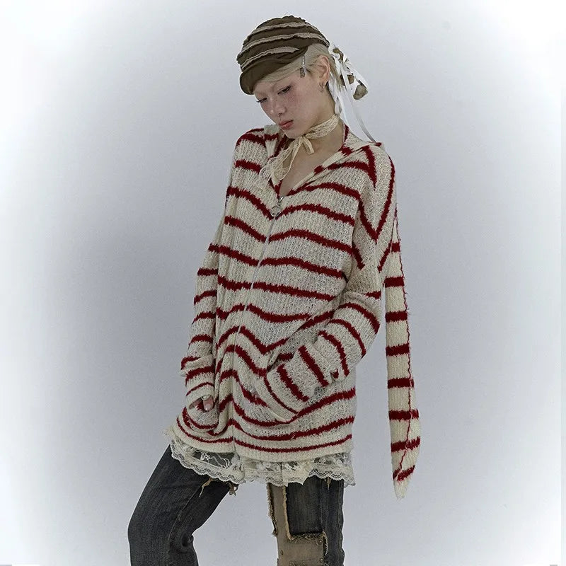 Grunge Vintage Rabbit Ears Striped Cardigan