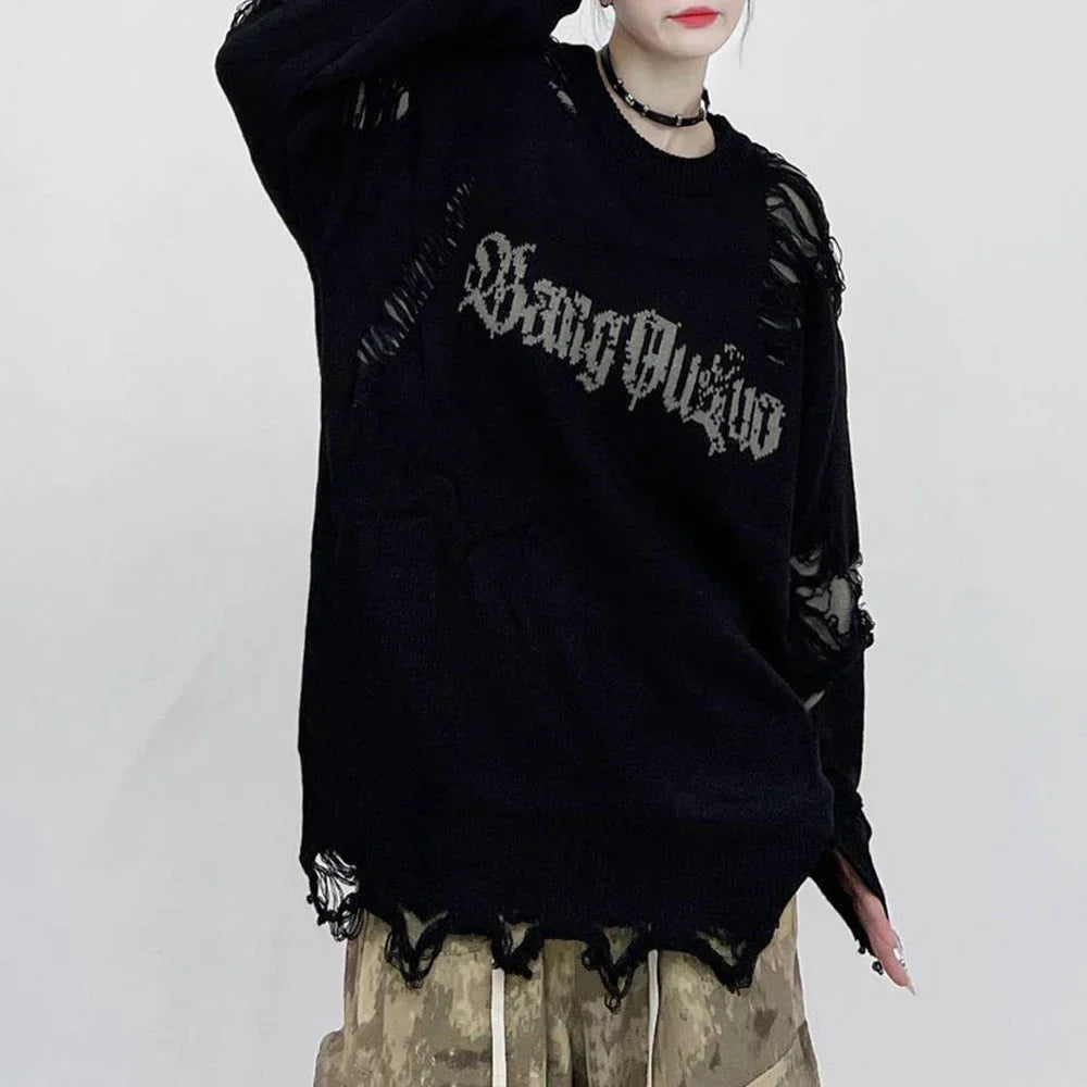 Gothing Retro Destruction Style Round Neck Sweater