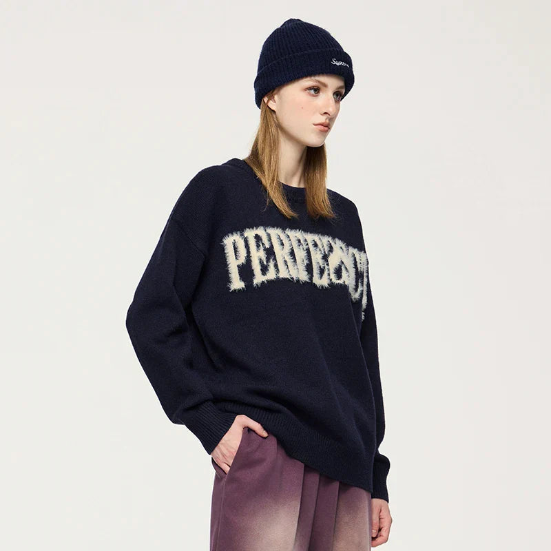 Model wearing the navy blue Distressed Lettered Sweater