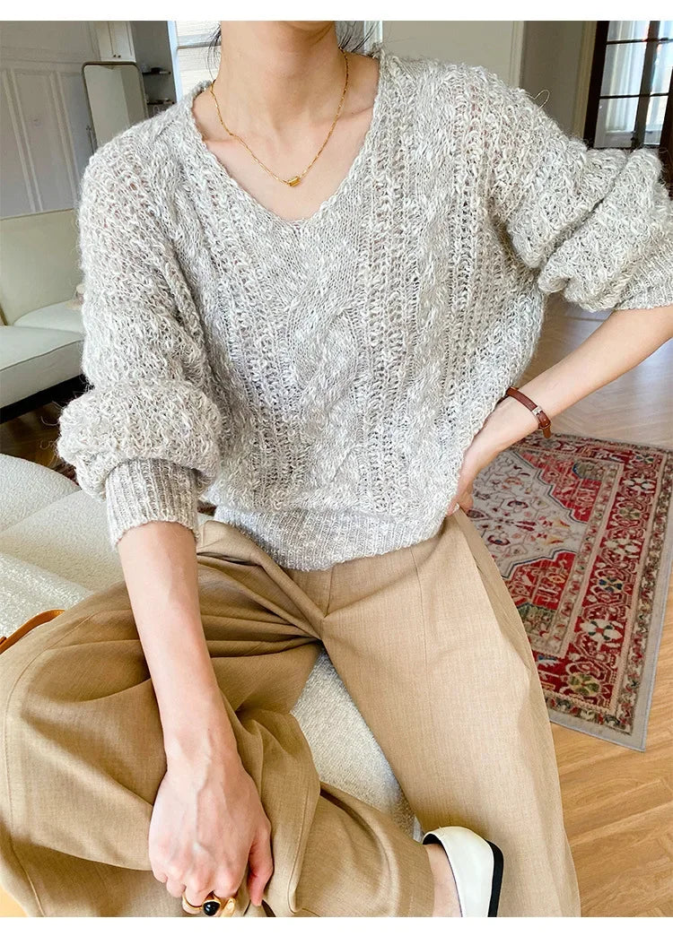 French Style Loose Khaki Pullover Sweater