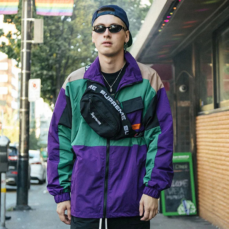 Men’s Retro Color Block Patchwork Hip Hop Oversized Jacket