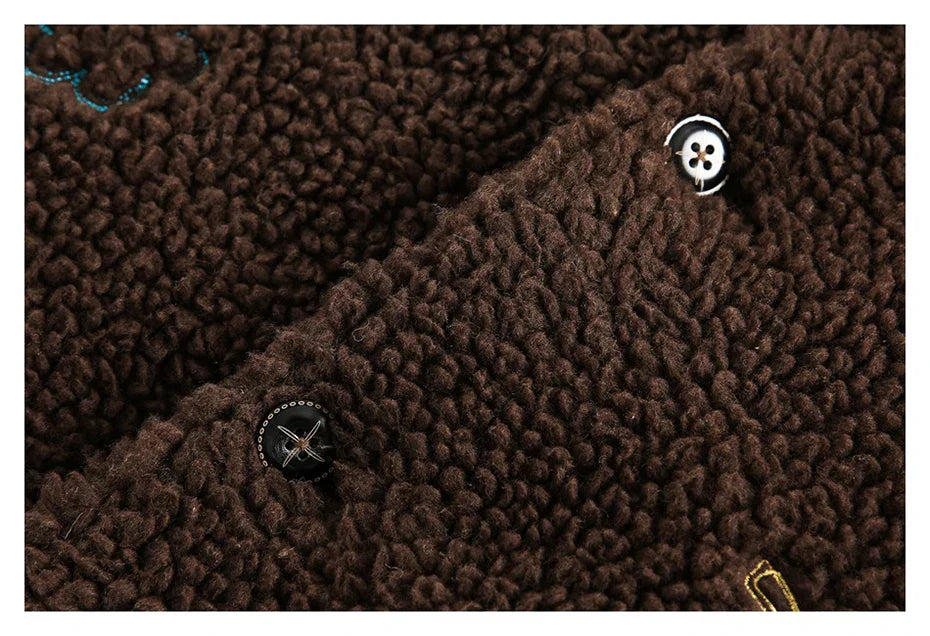Embroidered Fleece Button-Up Jacket