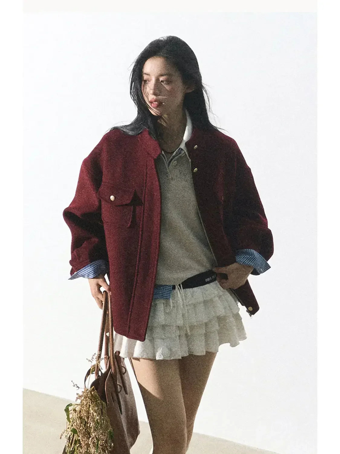 Red Woolen Commuting Baseball Jacket