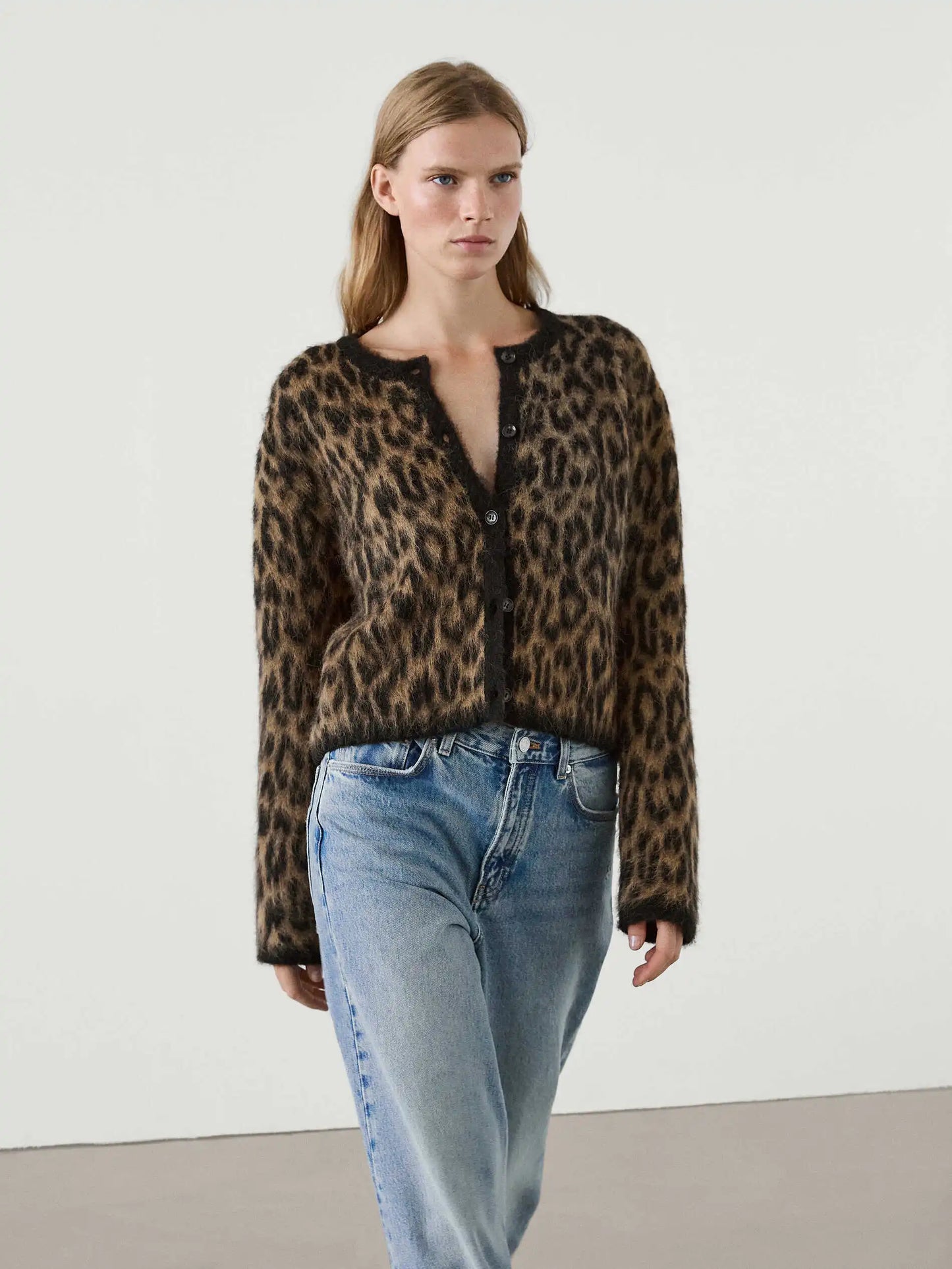 Ethereal Brown Leopard Print Round Neck Cardigan