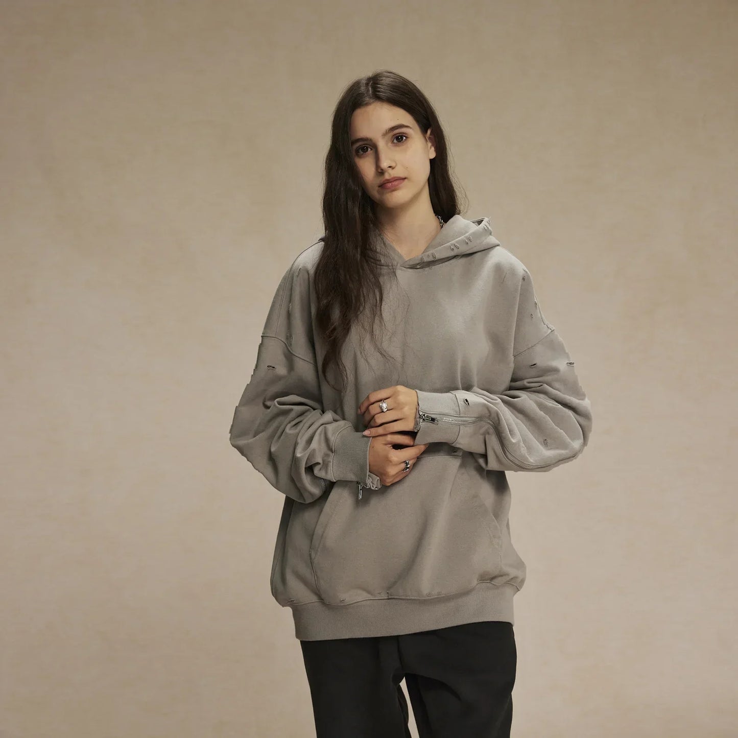 Frayed Woolen Zip-Up Hoodie Sweatshirt