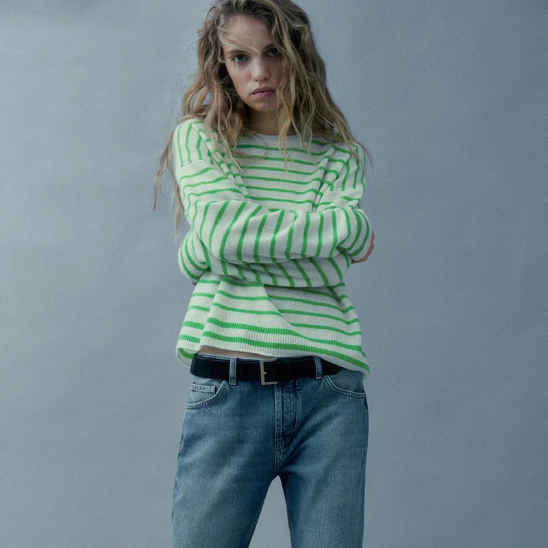 Women Retro Ethereal Stripe Crew Neck Sweater