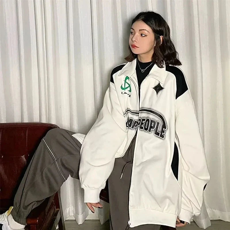 Oversized Vintage Black White Zip-Up Sweatshirt