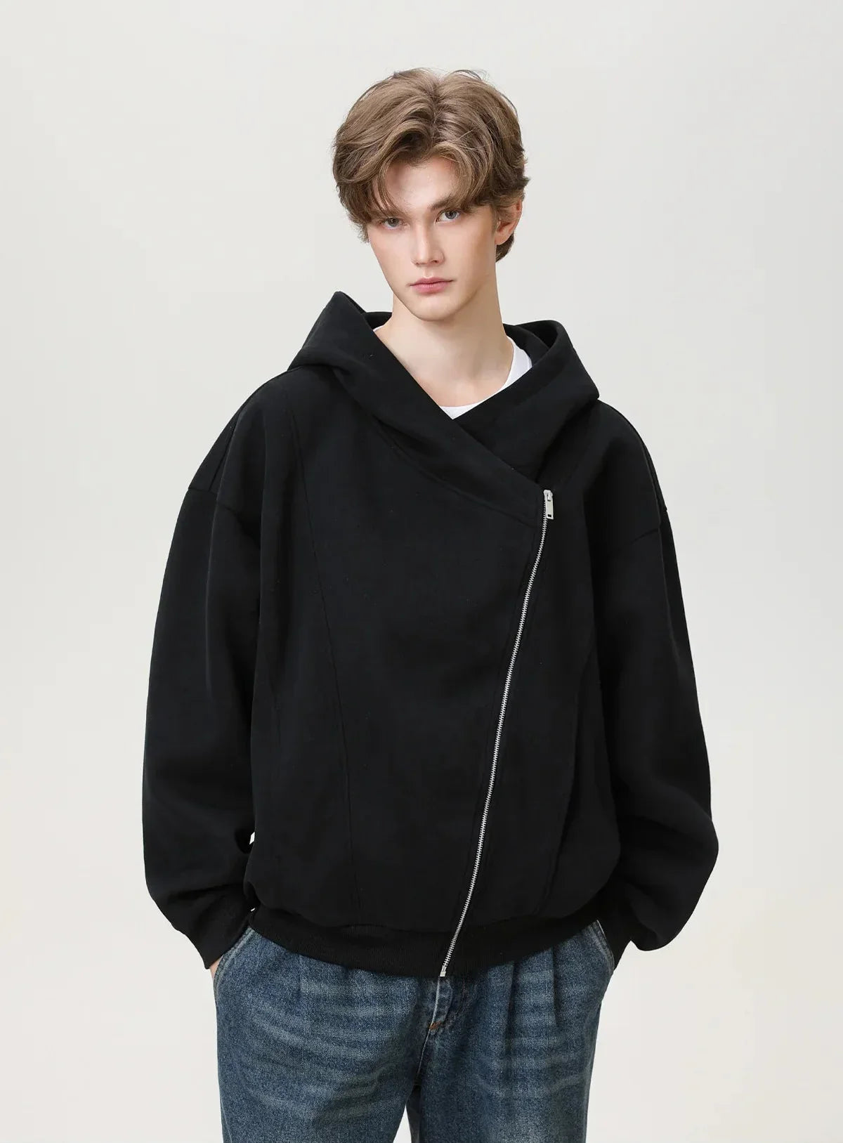 Textured Slant Zipper Hooded Sweatshirt