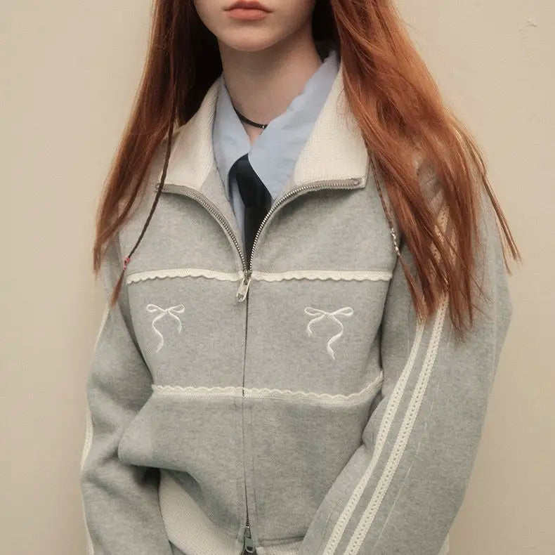 Sweat Retro Lace Embroidery Zip Up Sweatshirt