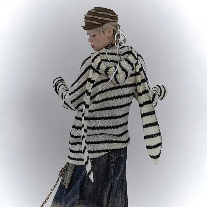 Grunge Vintage Rabbit Ears Striped Cardigan