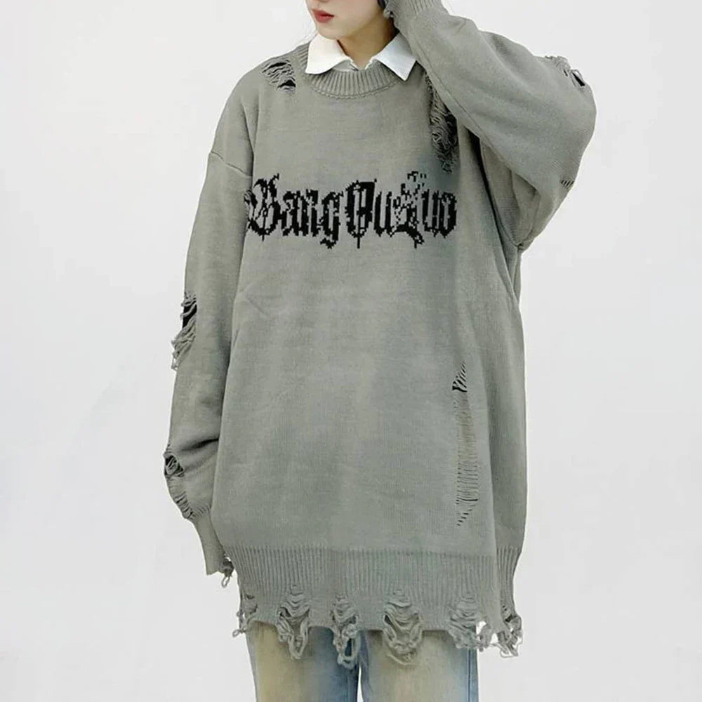 Gothing Retro Destruction Style Round Neck Sweater