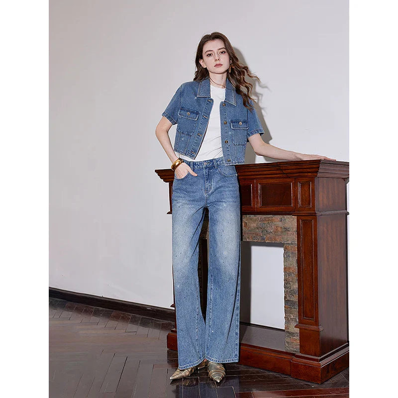 Rhinestone Short Sleeve Denim Jacket