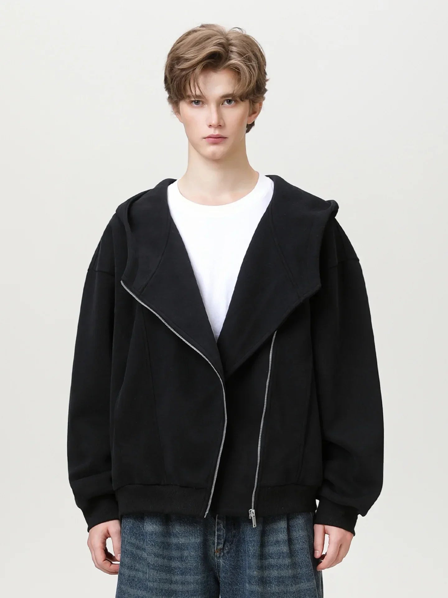 Textured Slant Zipper Hooded Sweatshirt