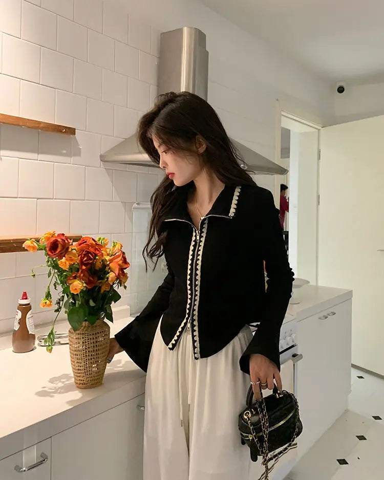Women Casual Black Knitted Short Cardigan