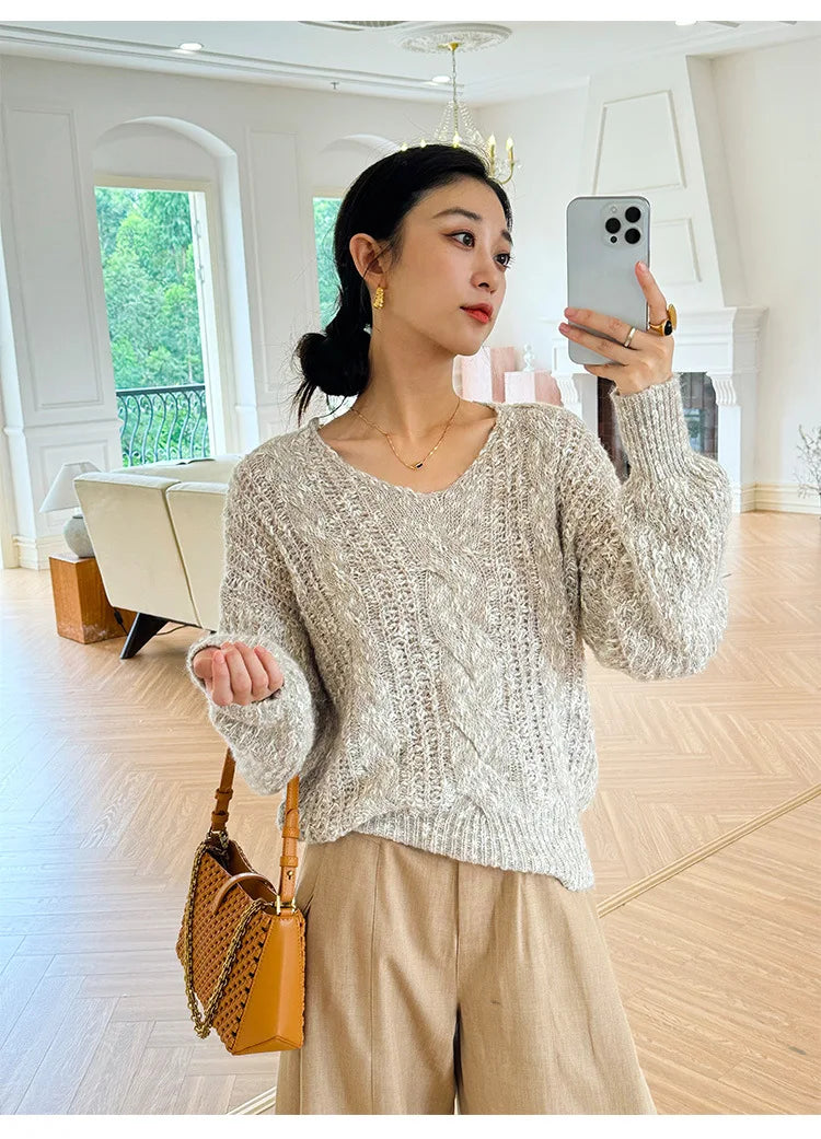 French Style Loose Khaki Pullover Sweater