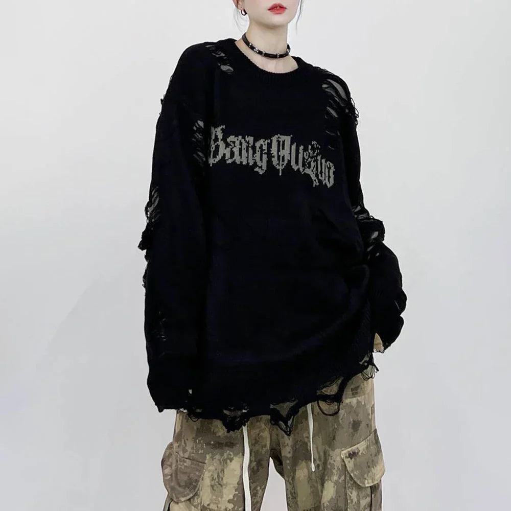 Gothing Retro Destruction Style Round Neck Sweater