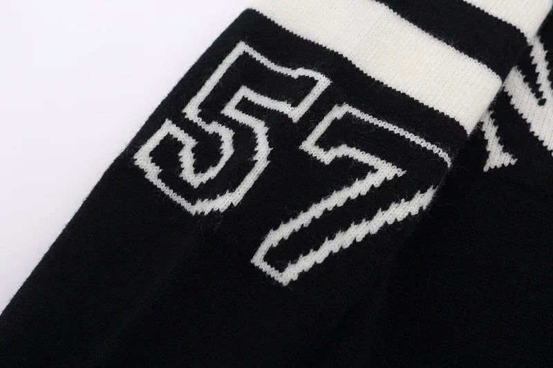 Retro Black Letter Print Polo Sweater