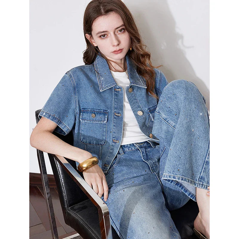 Rhinestone Short Sleeve Denim Jacket
