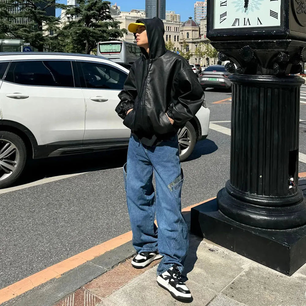 Black PU Windbreaker Coat Zipper Leather Jacket
