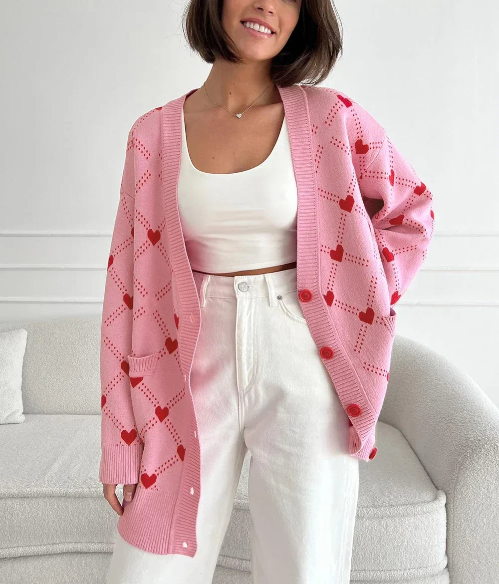 Women Cute Pink Hearts Print Oversize Knitted Cardigan