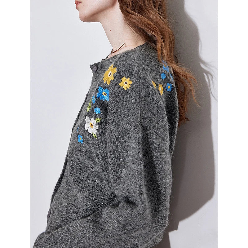 Floral Embroidered Round Neck Cardigan