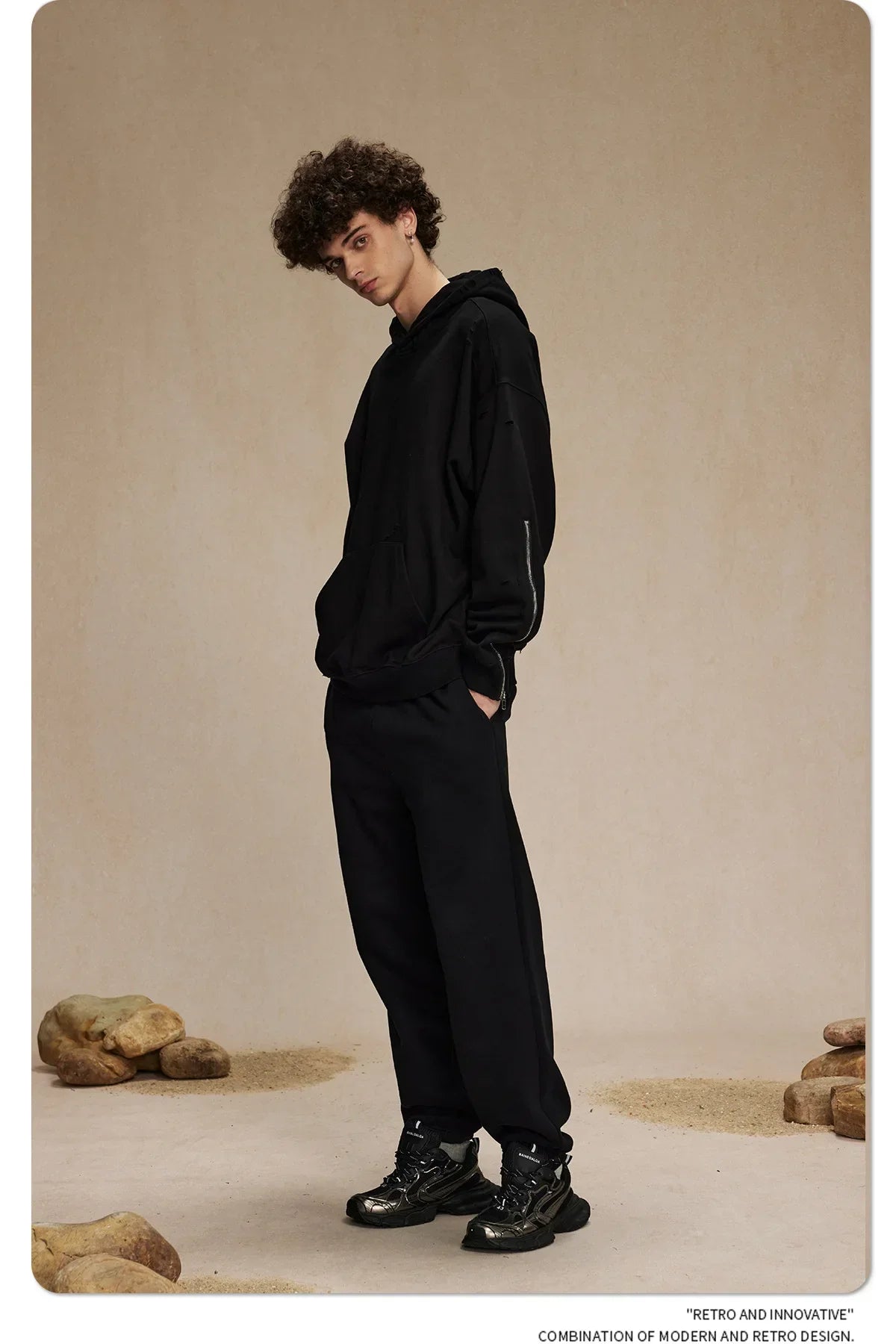 Frayed Woolen Zip-Up Hoodie Sweatshirt