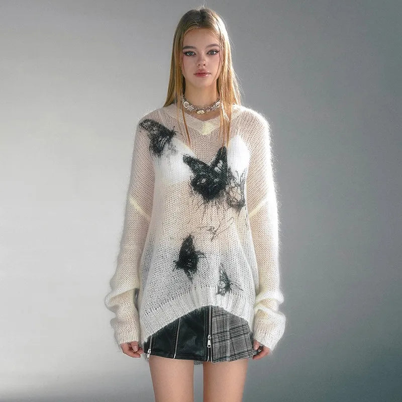 Vintage Grunge Butterfly Print Knitted Top