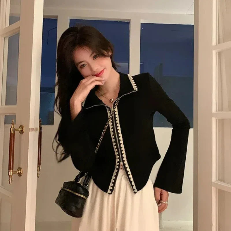 Women Casual Black Knitted Short Cardigan
