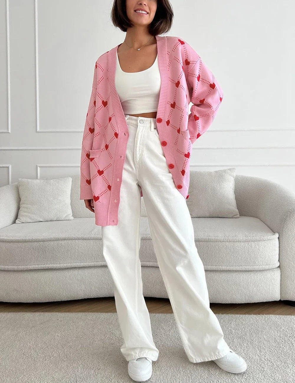 Women Cute Pink Hearts Print Oversize Knitted Cardigan
