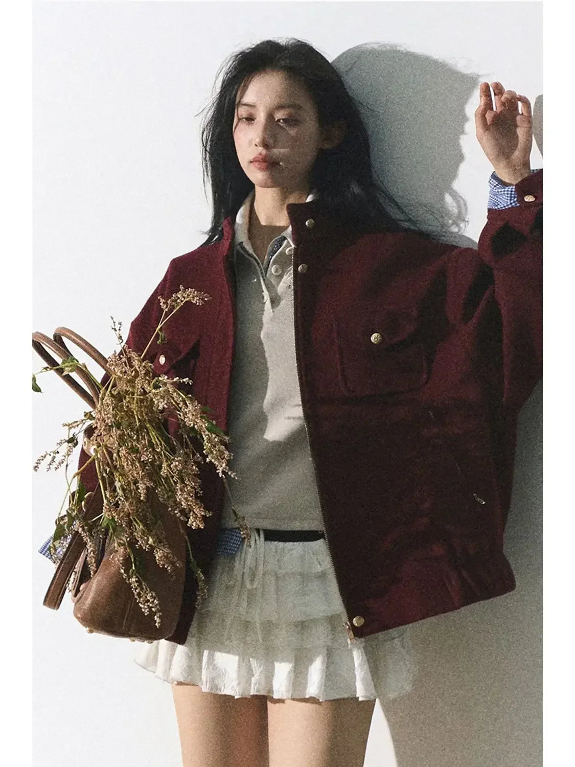 Red Woolen Commuting Baseball Jacket