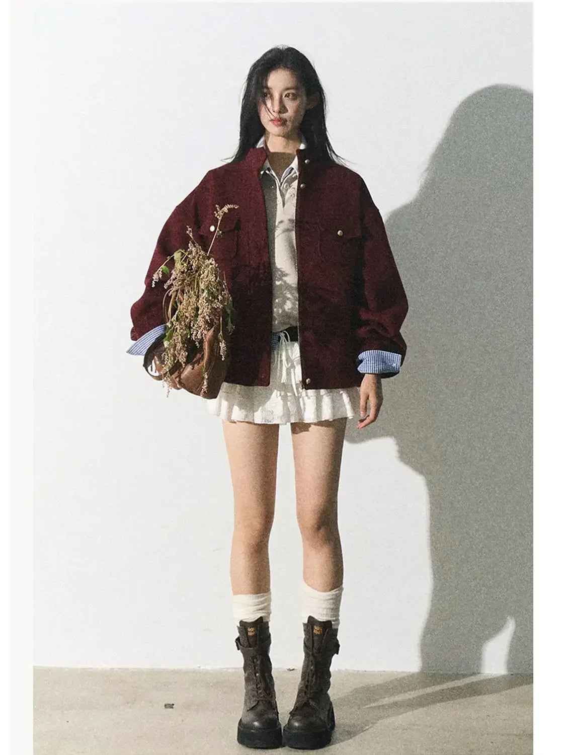 Red Woolen Commuting Baseball Jacket