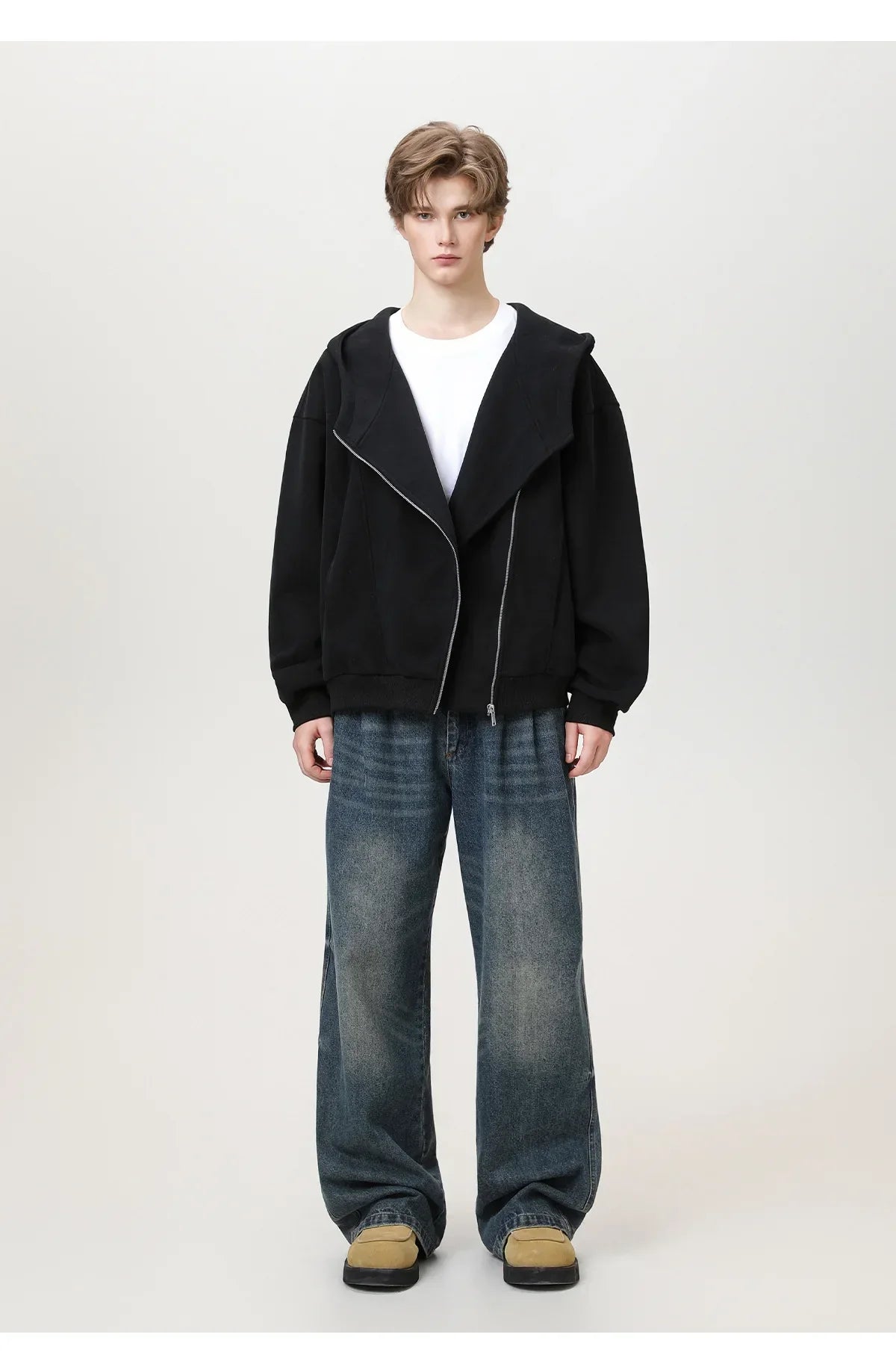 Textured Slant Zipper Hooded Sweatshirt