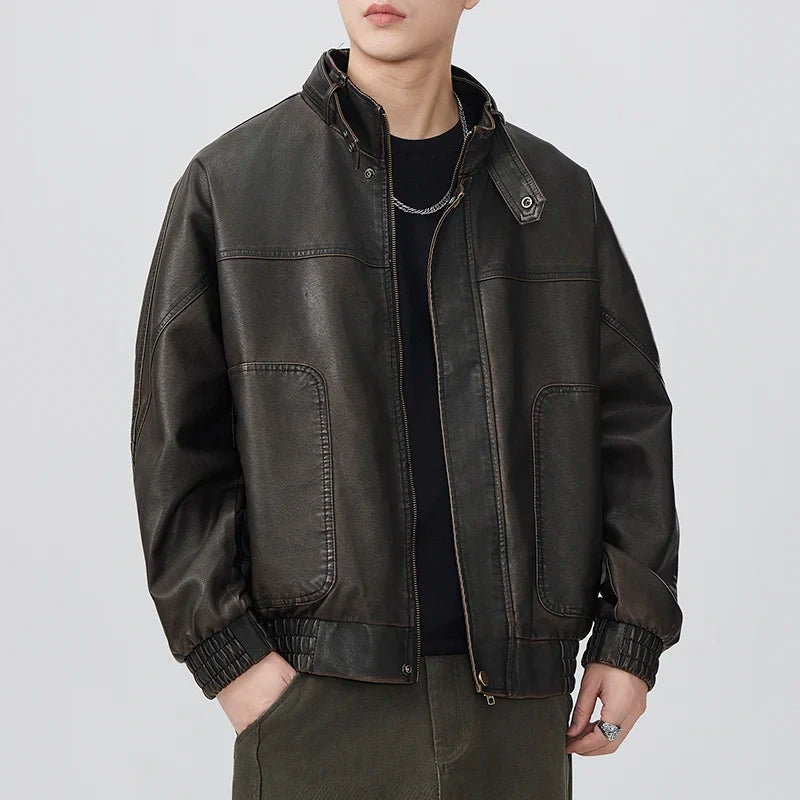 Men Vintage Japanese Style Motorcycle Leather Jacket