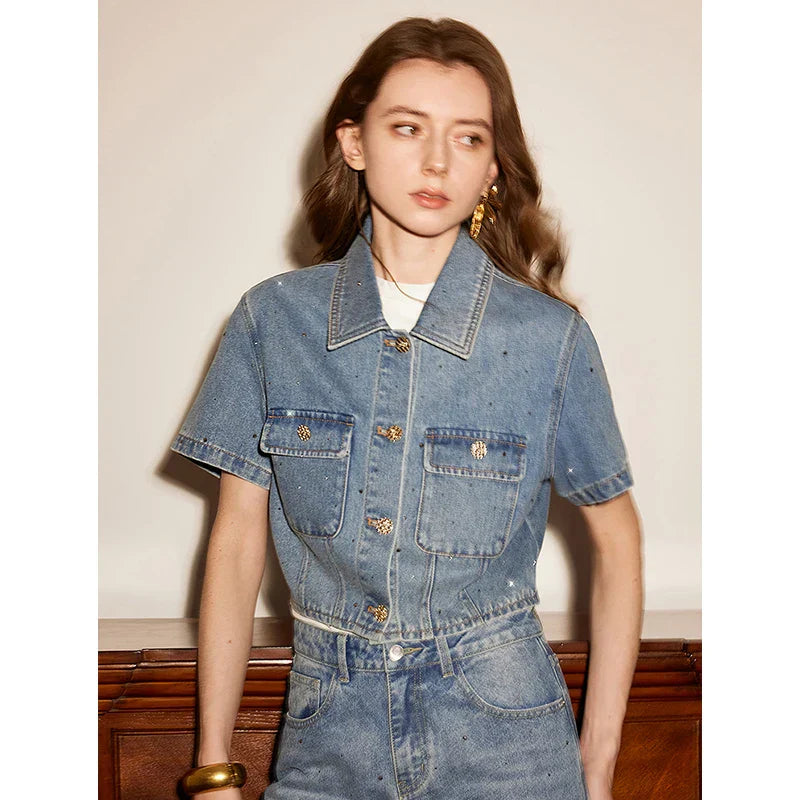 Rhinestone Short Sleeve Denim Jacket