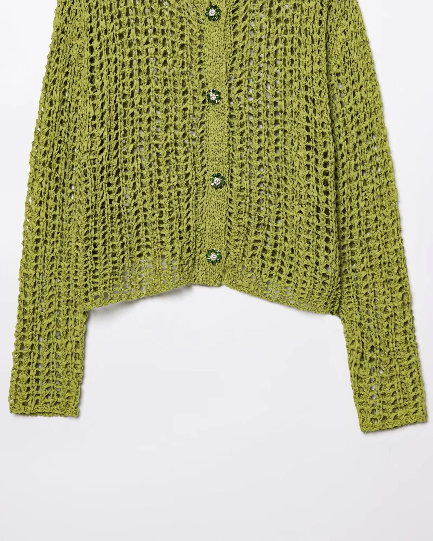 Green Mesh Embellished V-Neck Knit Cardigan