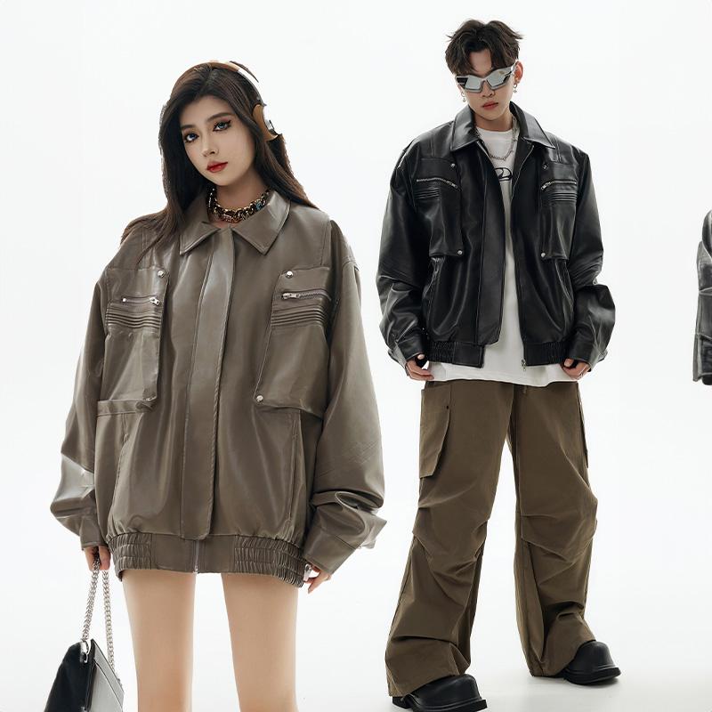 Solid Color Pockets Leather Jacket