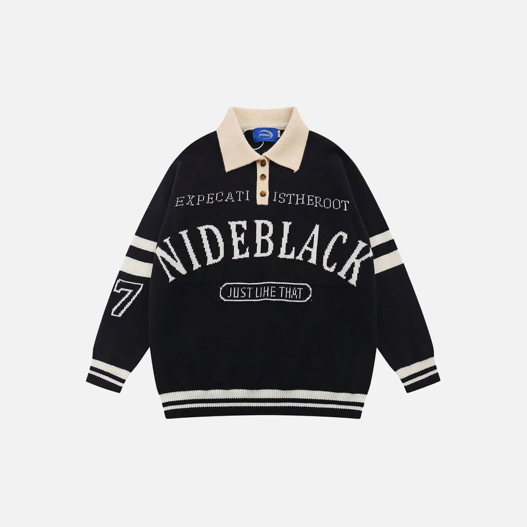 Retro Black Letter Print Polo Sweater