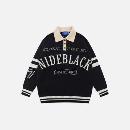 Retro Black Letter Print Polo Sweater
