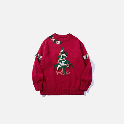Front view of the red Fringe Forest Sweater in a gray background