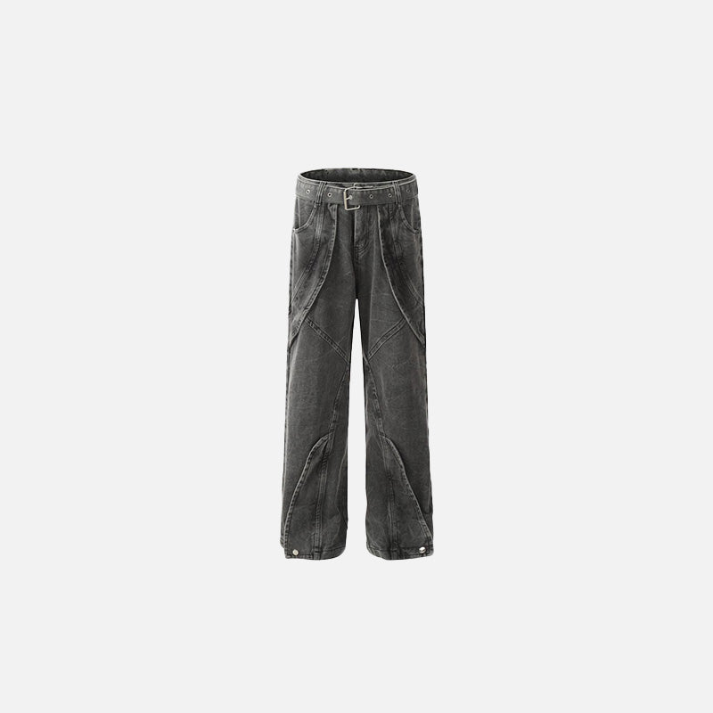 Front view of the black Utility Belted Wide-Leg Denim Jeans in a gray background