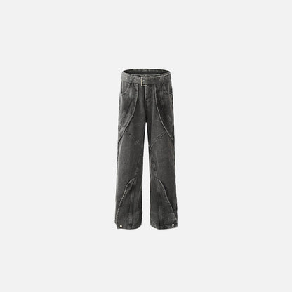 Front view of the black Utility Belted Wide-Leg Denim Jeans in a gray background
