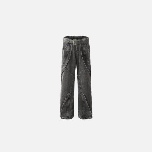 Front view of the black Utility Belted Wide-Leg Denim Jeans in a gray background