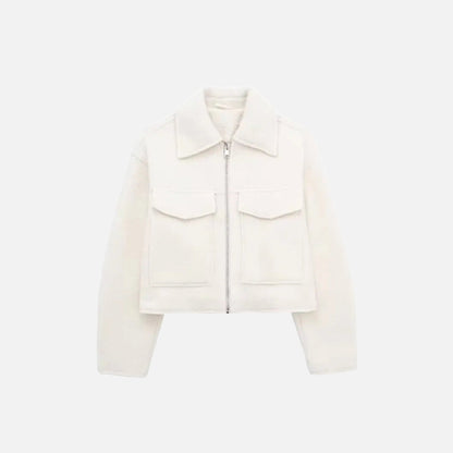 Front view of the white Quilted Utility Jacket in a gray background