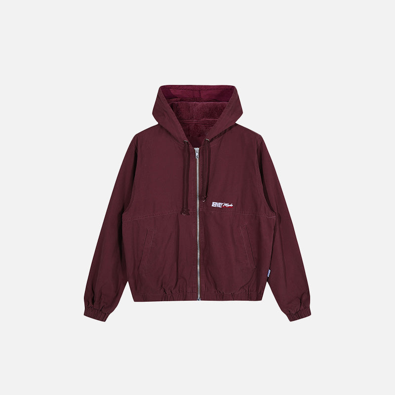 Front view of the red Loose Vintage Zip-up Jacket in a gray background 