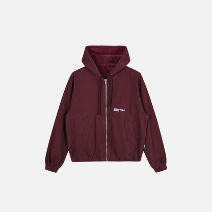 Front view of the red Loose Vintage Zip-up Jacket in a gray background 